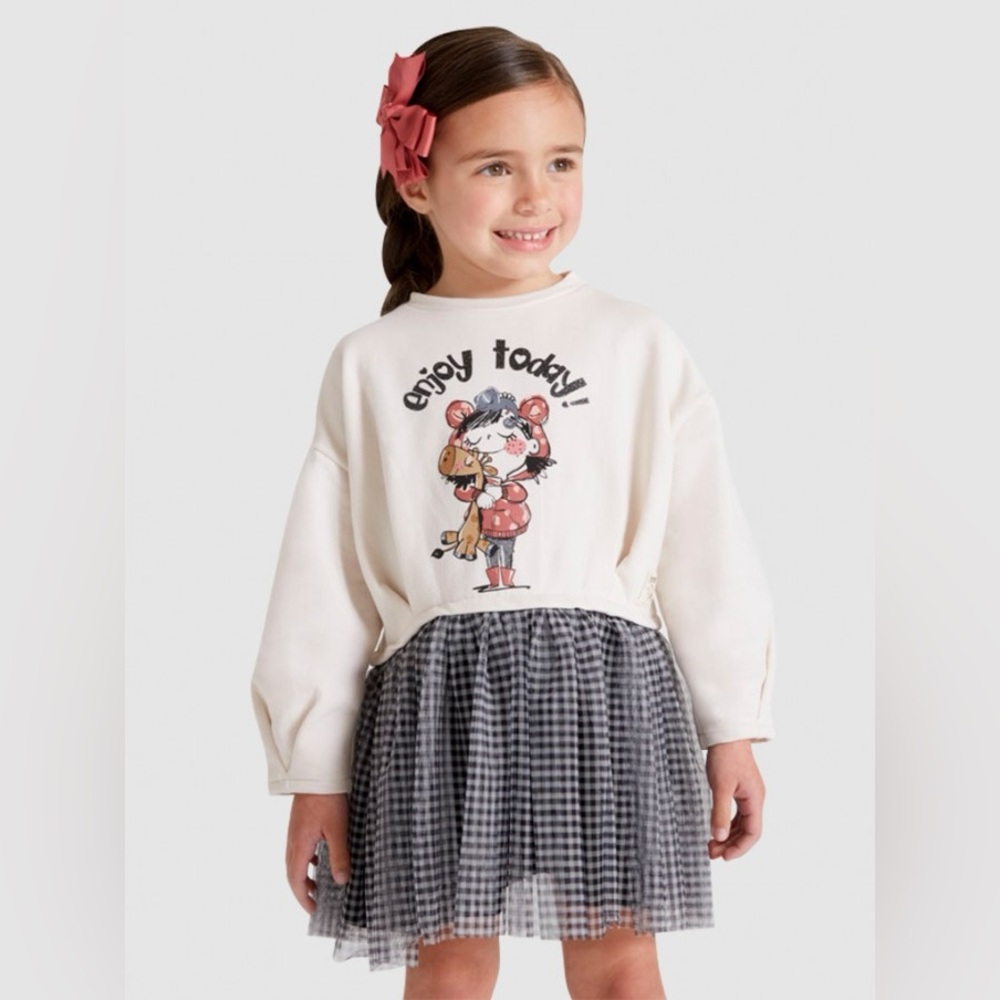 Size 6 Girls Mayoral Graphic Dress with Cream and Black Checkered Skirt